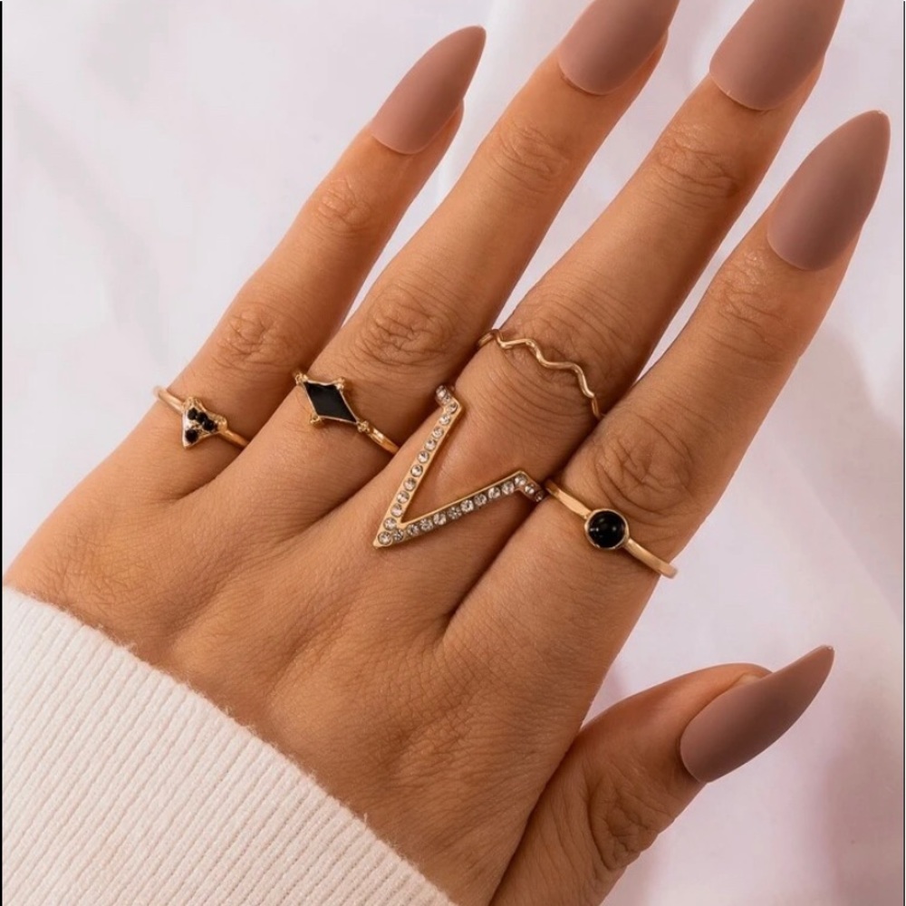 5pc Gold Rhinestone & Gem Decor Ring Set